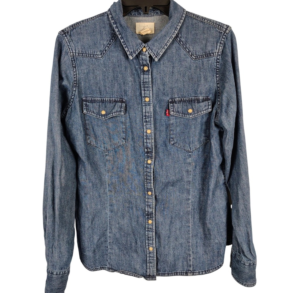 Levis Womens SZ L Western Denim Snap Shirt Blue Cotton Cowgirl Westerncore